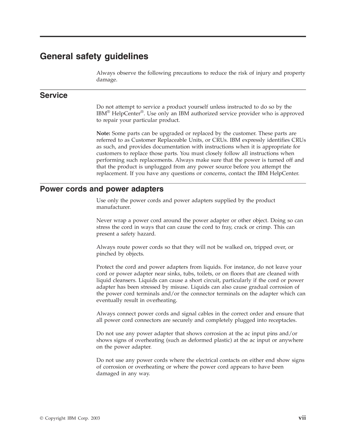 IBM 22P9176 manual General safety guidelines, Service, Power cords and power adapters 