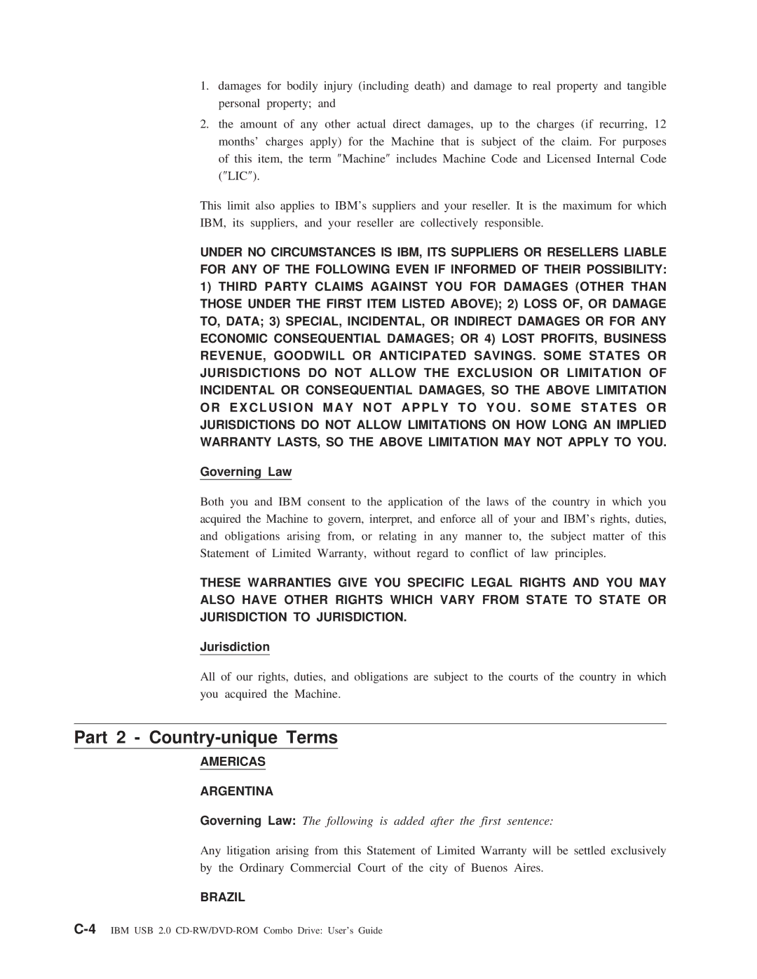 IBM 22P9218 manual Part 2 Country-unique Terms, Governing Law, Jurisdiction, Americas Argentina, Brazil 