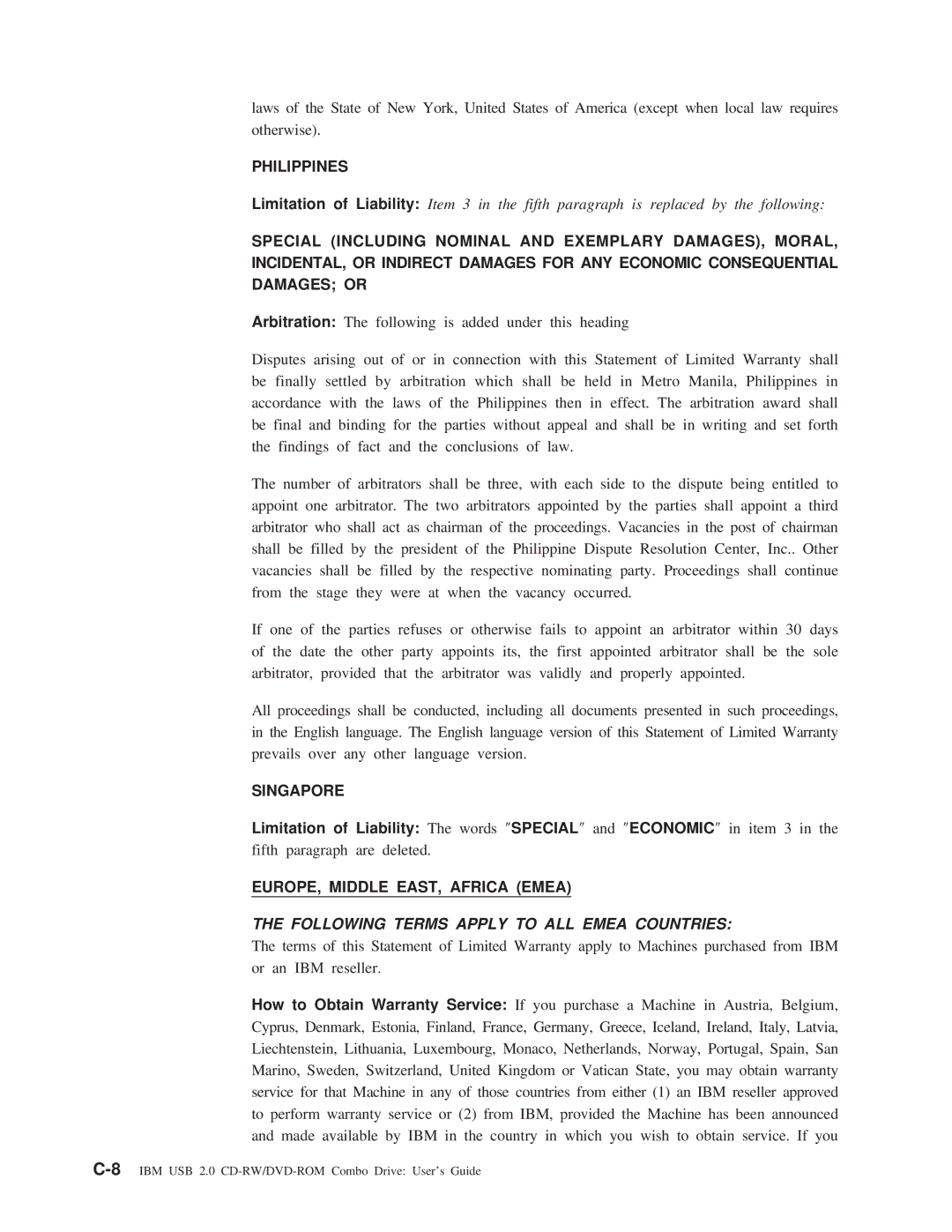 IBM 22P9218 manual Philippines, Singapore, EUROPE, Middle EAST, Africa Emea 