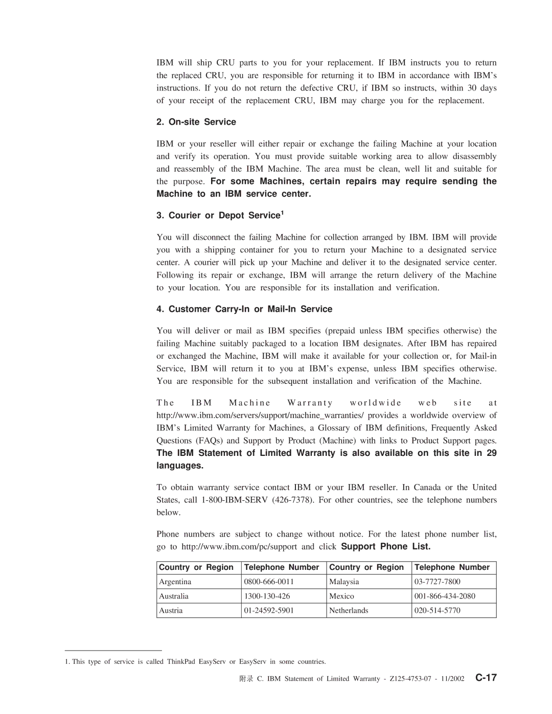 IBM 22P9218 manual On-site Service, Machine to an IBM service center Courier or Depot Service1 