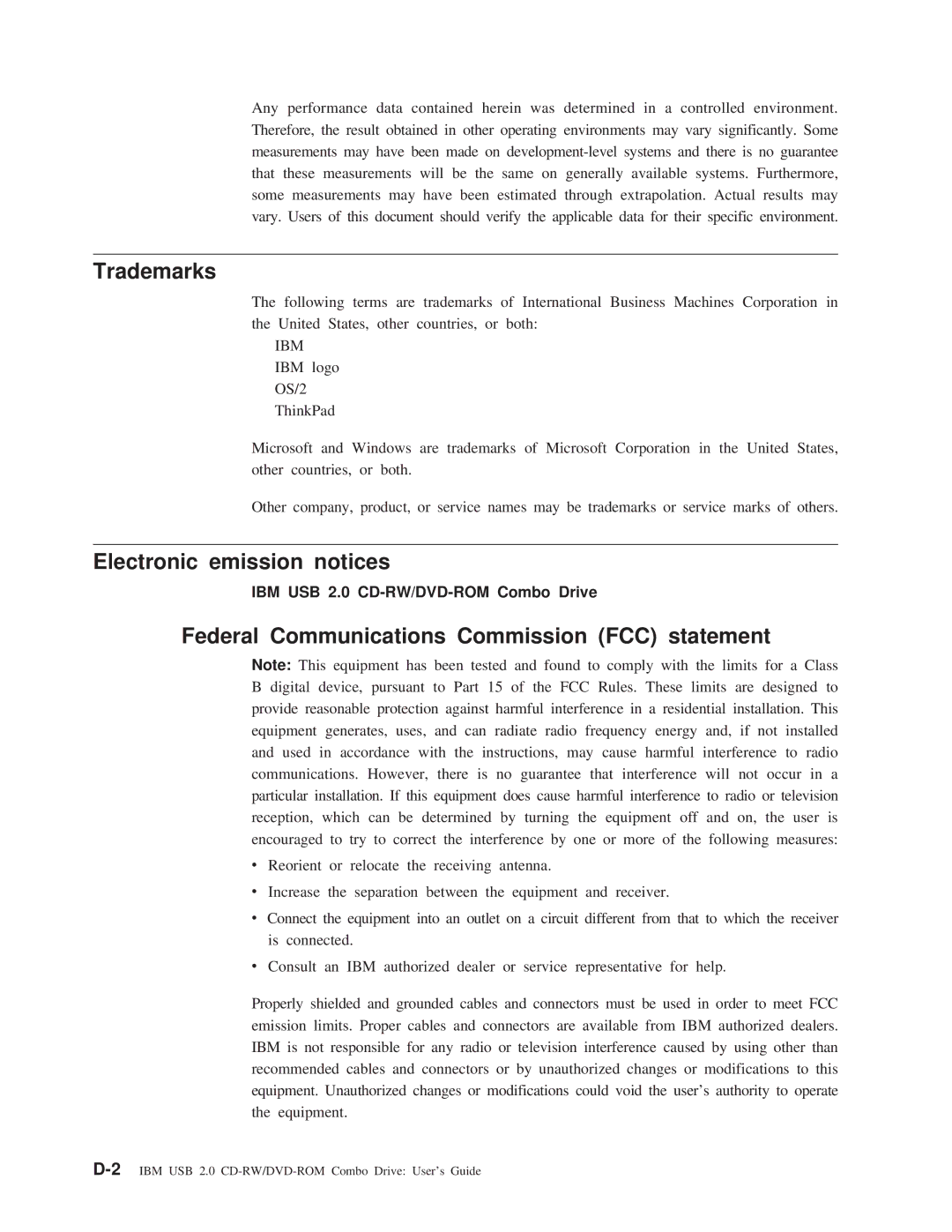 IBM 22P9218 manual Trademarks, Electronic emission notices, Federal Communications Commission FCC statement 