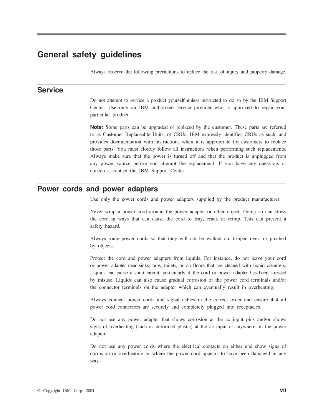 IBM 22P9218 manual General safety guidelines, Service, Power cords and power adapters 