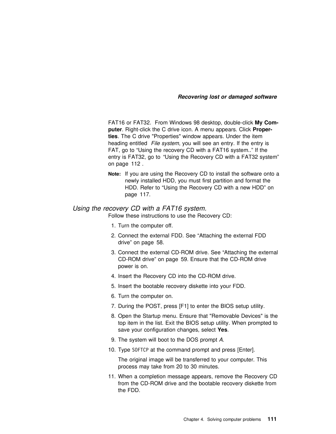 IBM 240 manual Using the recovery CD with a FAT16 system 