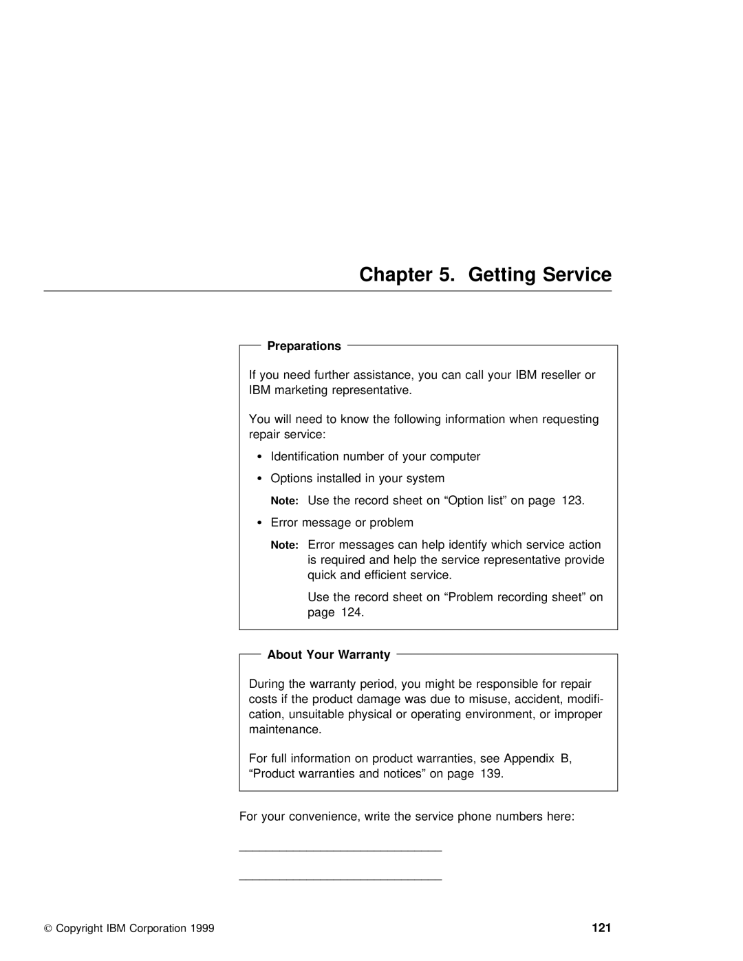 IBM 240 manual Getting Service, About Your Warranty, 121, Preparations 