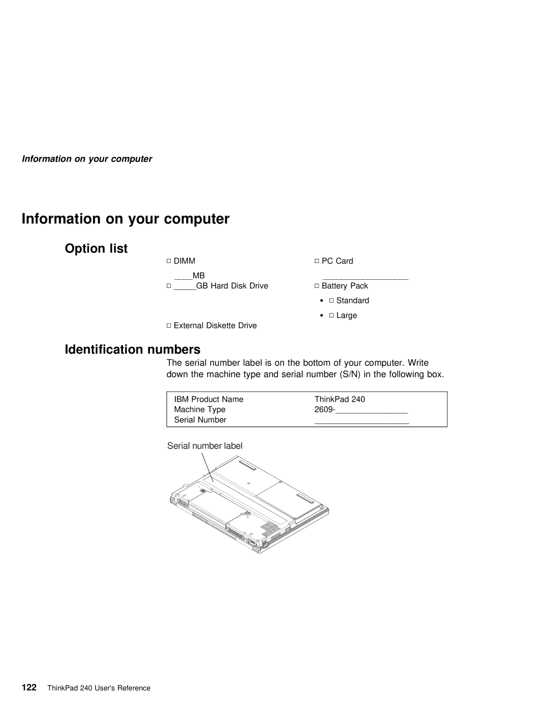 IBM 240 manual Information on your computer, Option list, Identification numbers 