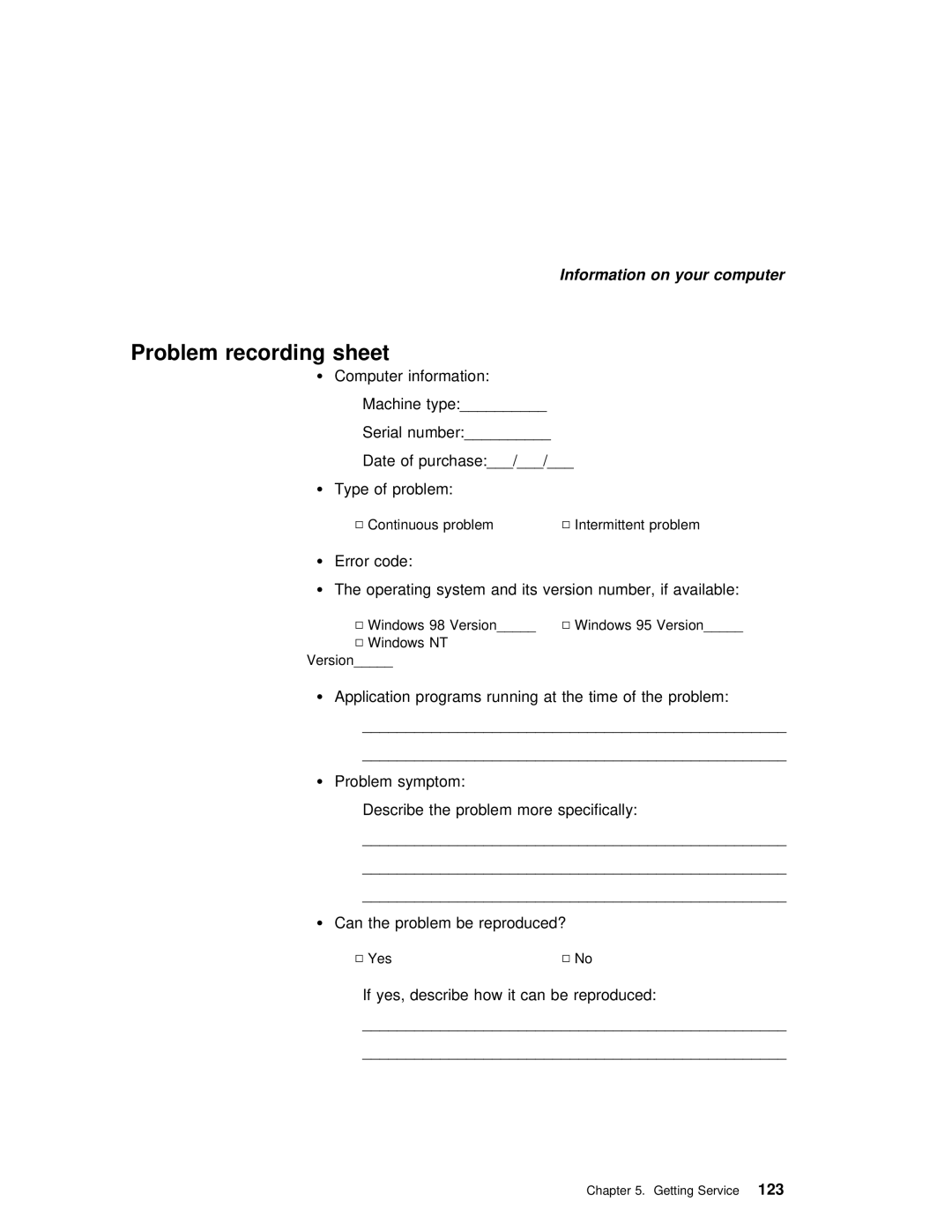 IBM 240 manual Problem recording sheet 