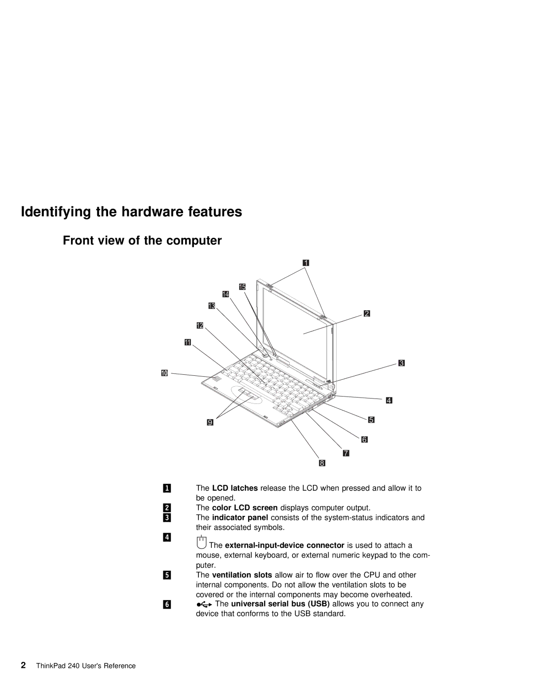 IBM 240 manual Identifying the hardware features, Front view of the computer 