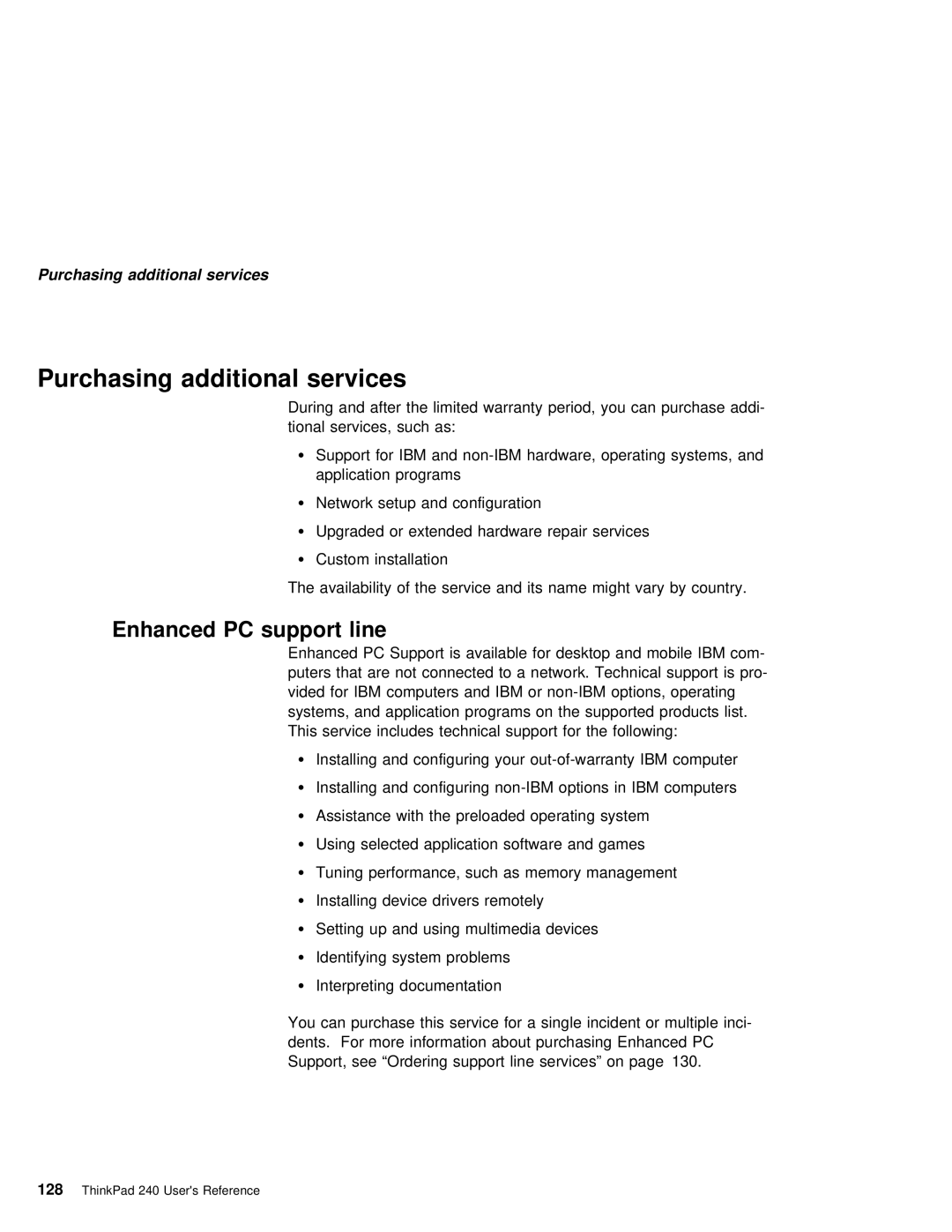 IBM 240 manual Purchasing additional services, Enhanced PC support line 