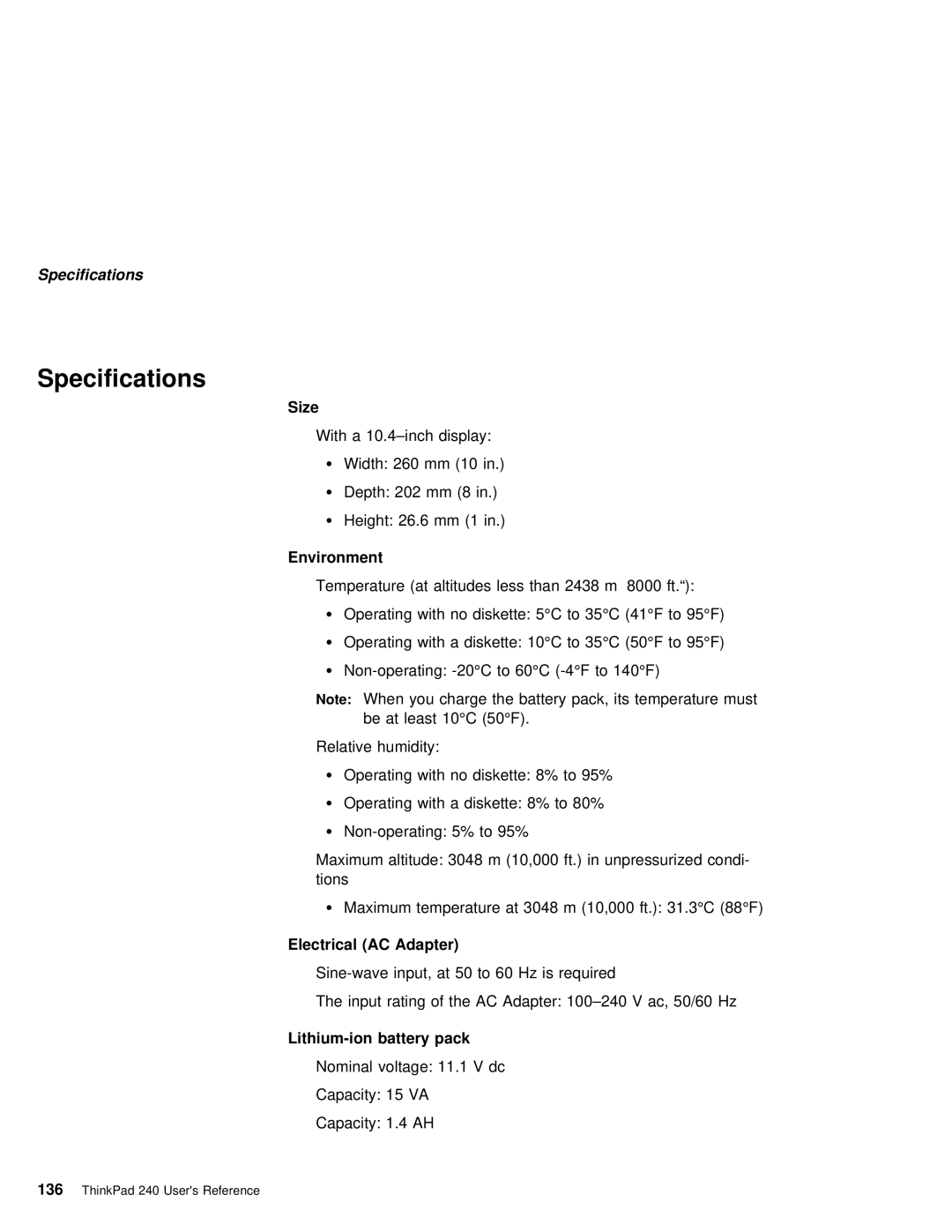 IBM 240 manual Specifications, Size, Environment, AC Adapter, Lithium-ion battery pack 