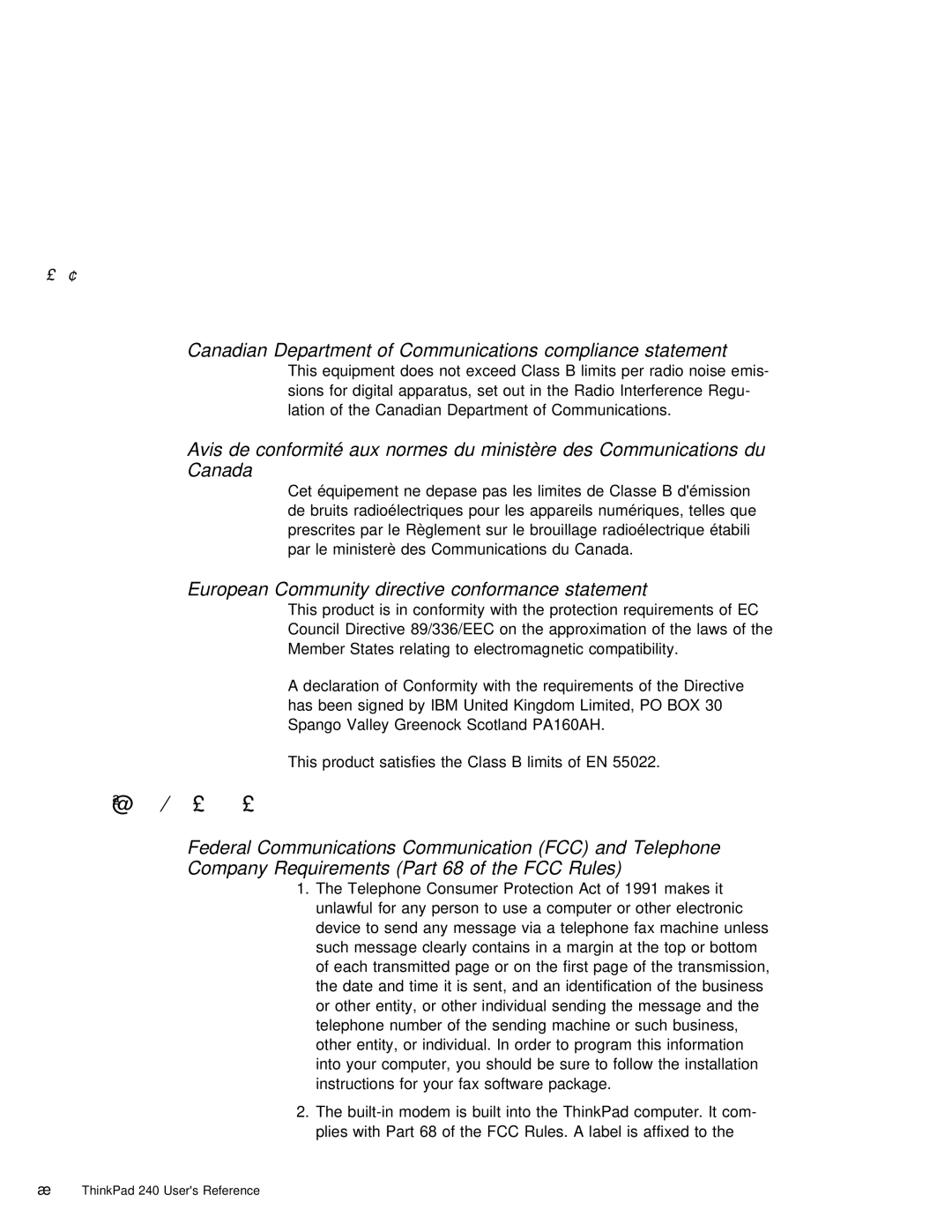 IBM 240 Canadian Department of Communications compliance statement, European Community directive conformance statement 