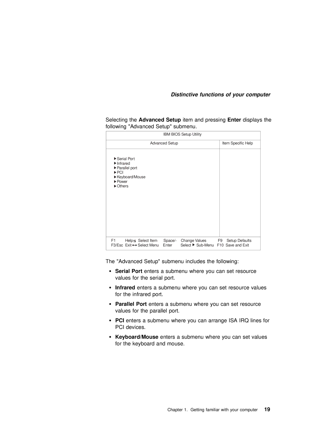 IBM 240 manual Selecting theAdvanced Setup, Infrared, Keyboard/Mouse 