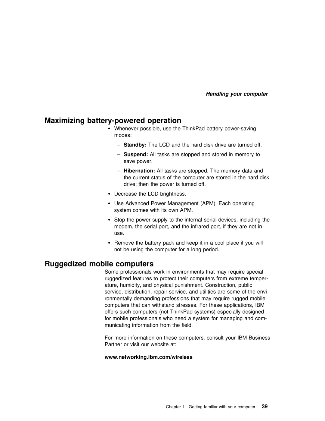 IBM 240 manual Maximizing battery-powered operation, Ruggedized mobile computers, Hibernation 