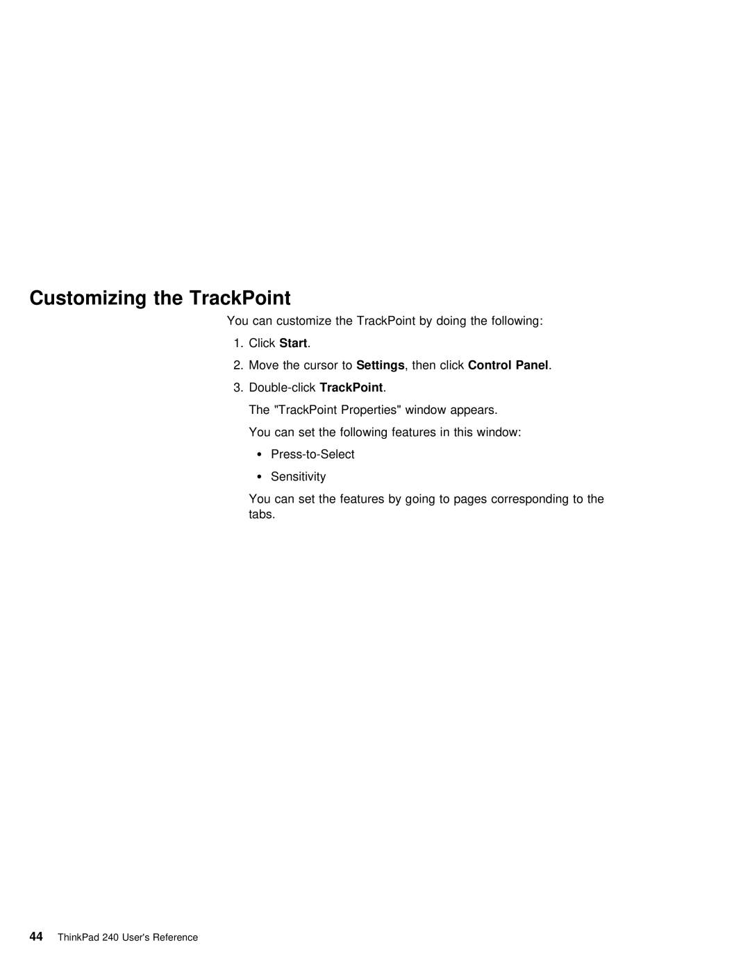 IBM 240 manual Customizing the TrackPoint, Panel 