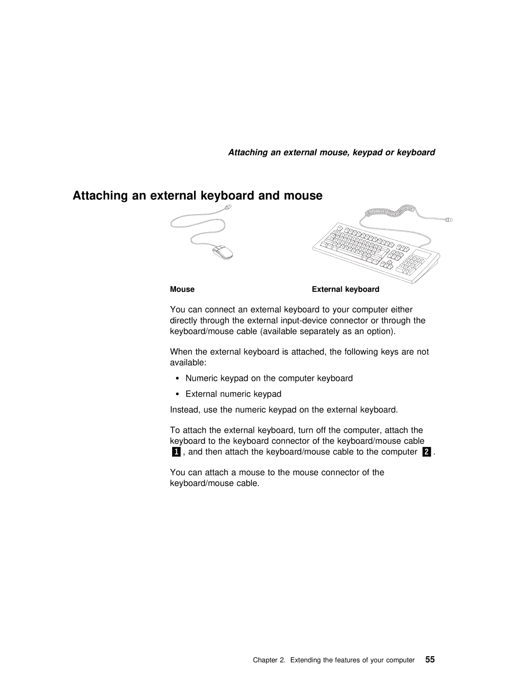 IBM 240 manual Attaching an external keyboard and mouse, Mouse 