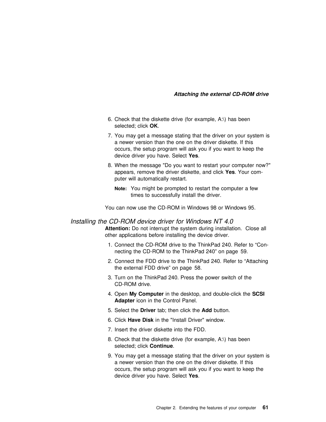 IBM 240 manual Installing the CD-ROM device driver for Windows NT 