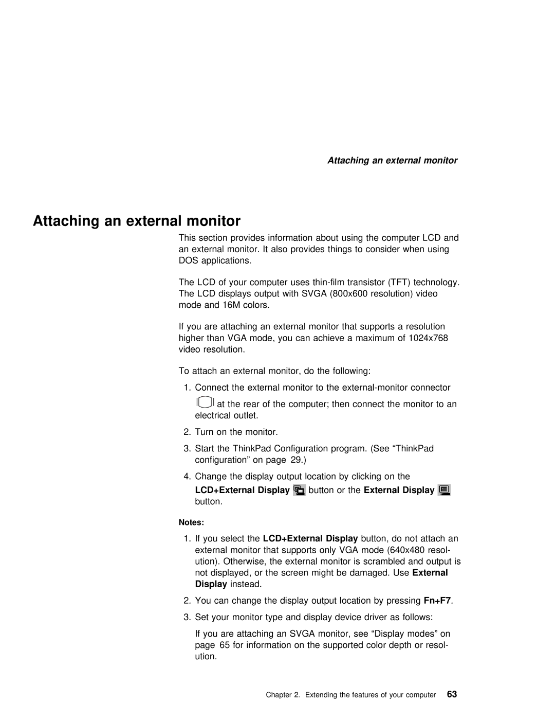 IBM 240 manual Attaching an external monitor, Display Button orExternal the Display 