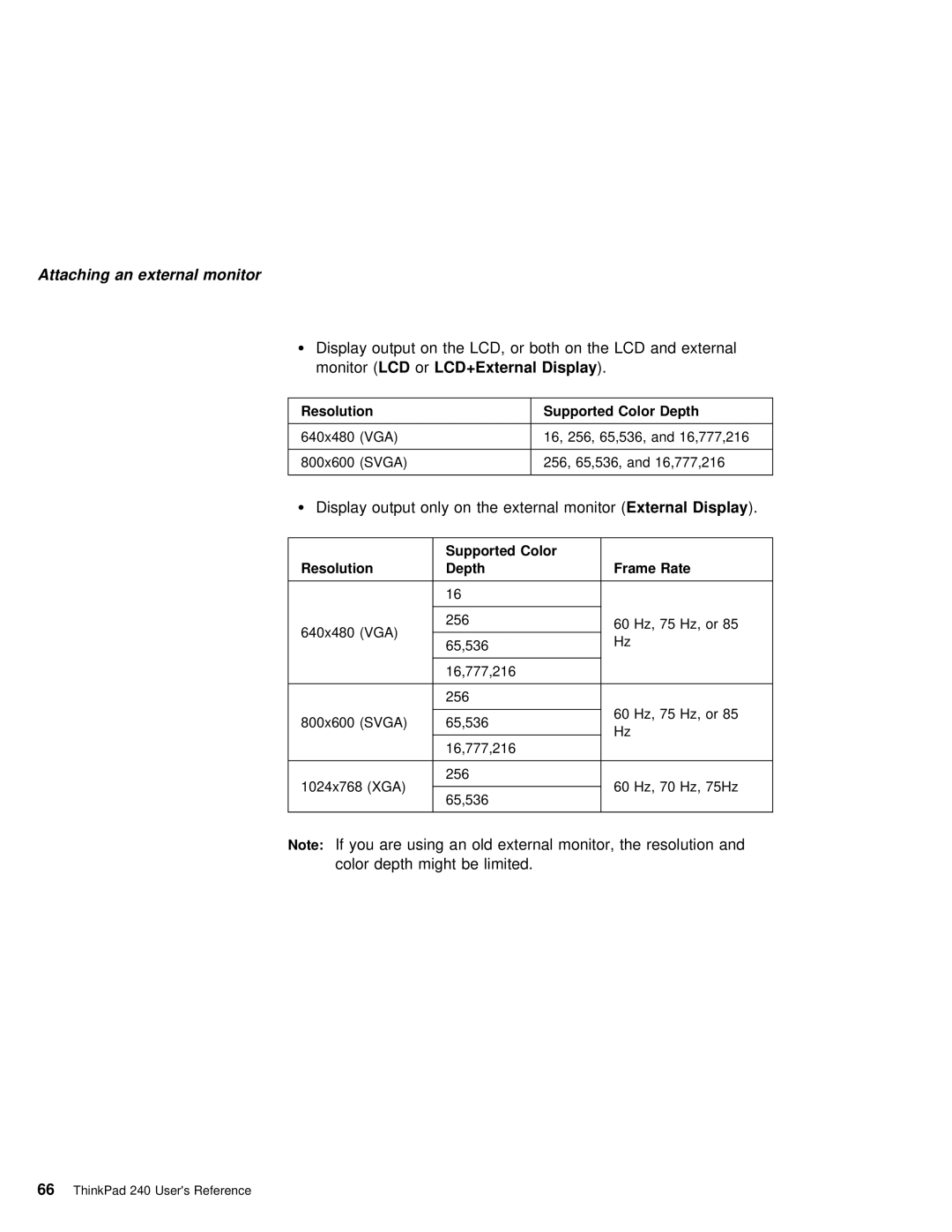 IBM 240 manual OrLCD+External Display, Supported Color, Depth 