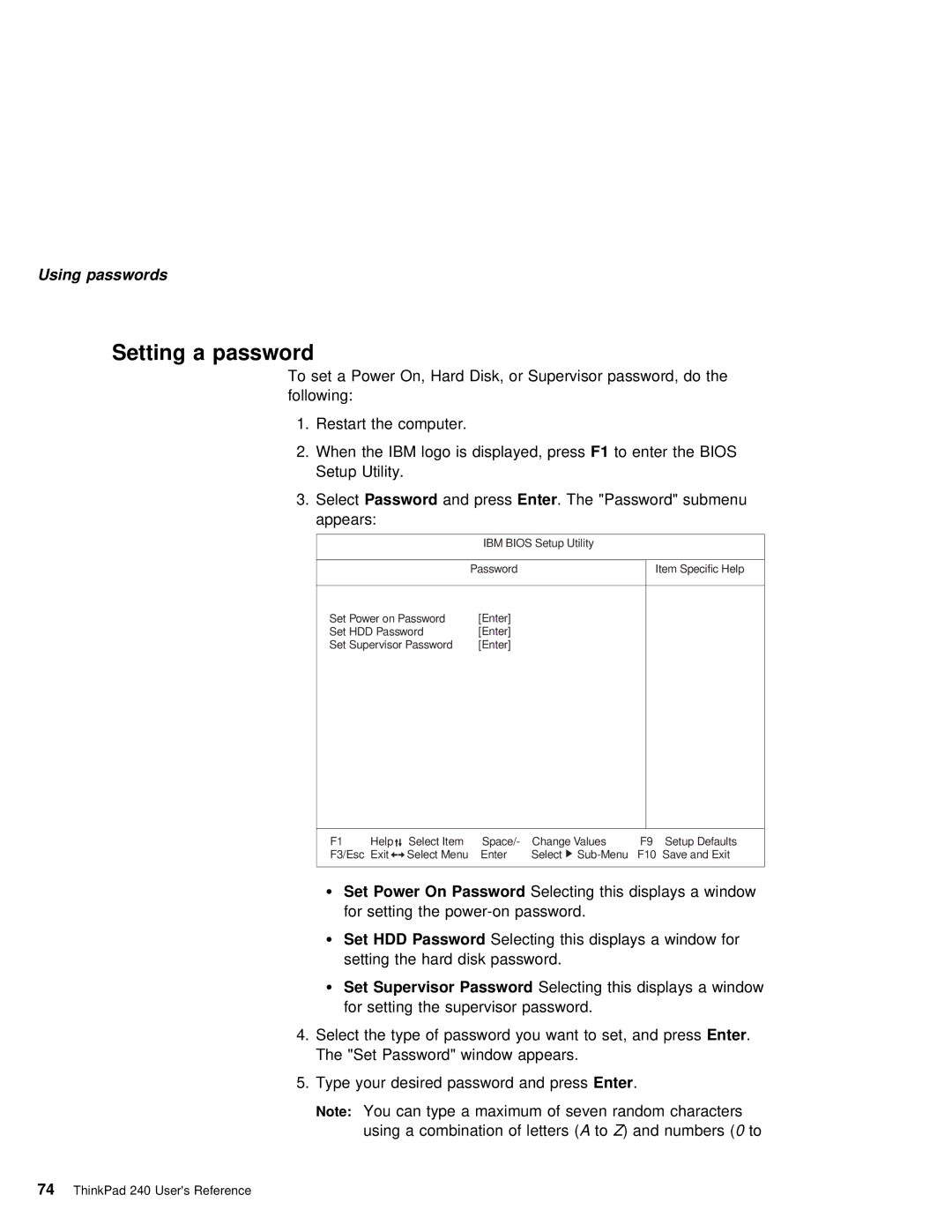 IBM 240 manual Setting a password, On Password 