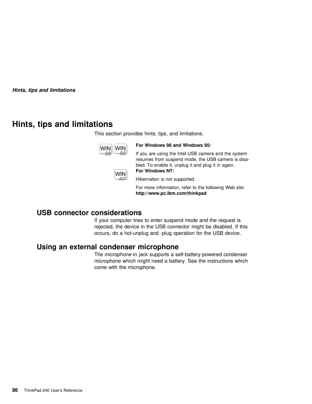 IBM 240 manual Hints, tips Limitations, Using External condenser microphone 