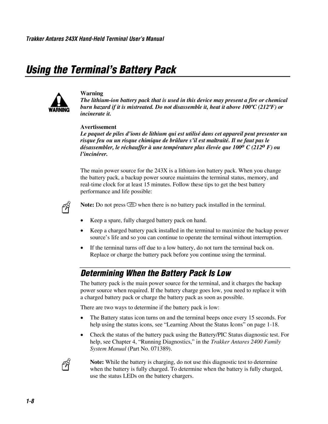 IBM 243X user manual Using the Terminal’s Battery Pack, Determining When the Battery Pack Is Low, Avertissement 