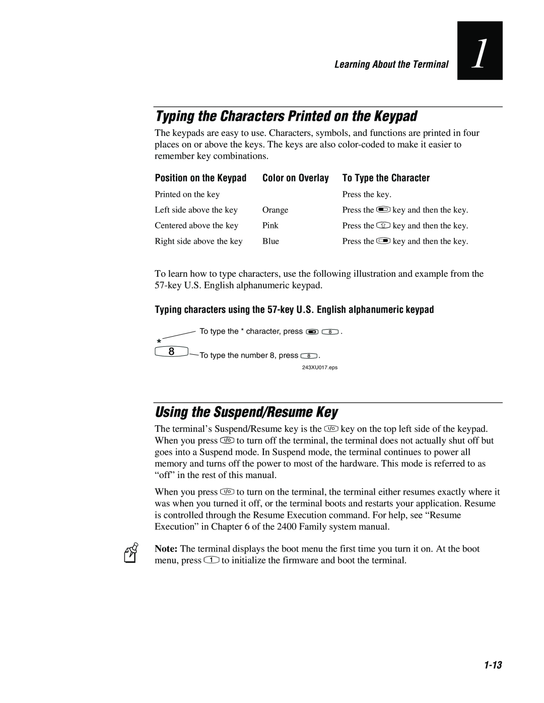 IBM 243X user manual Typing the Characters Printed on the Keypad, Using the Suspend/Resume Key, Color on Overlay, 1-13 
