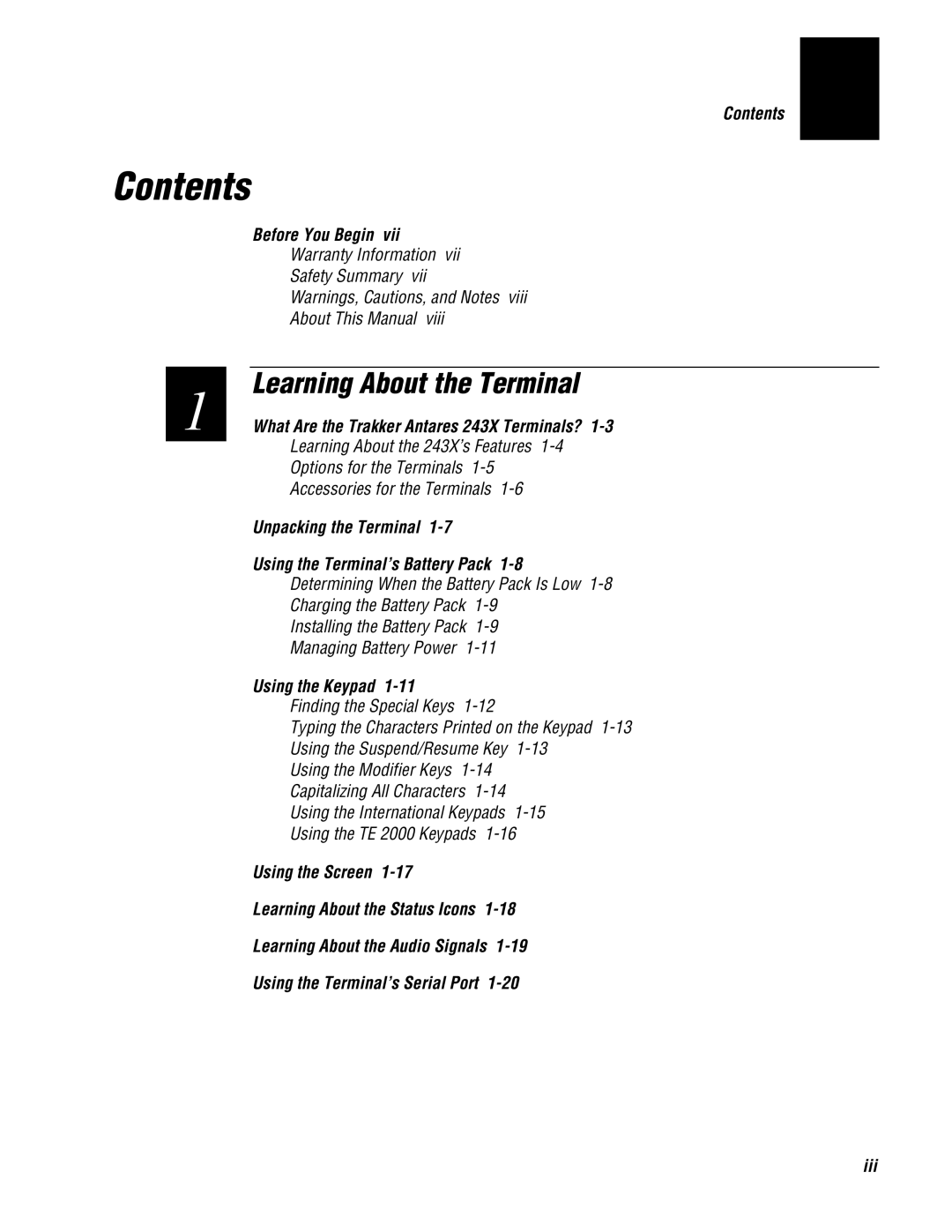 IBM user manual Contents, Learning About the Terminal, Before You Begin, What Are the Trakker Antares 243X Terminals? 
