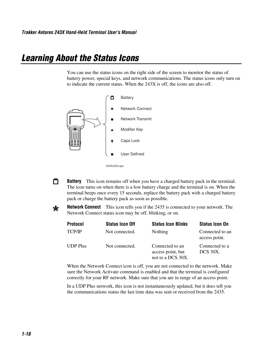 IBM 243X user manual Learning About the Status Icons, Protocol, Status Icon Off, Status Icon Blinks, 1-18 