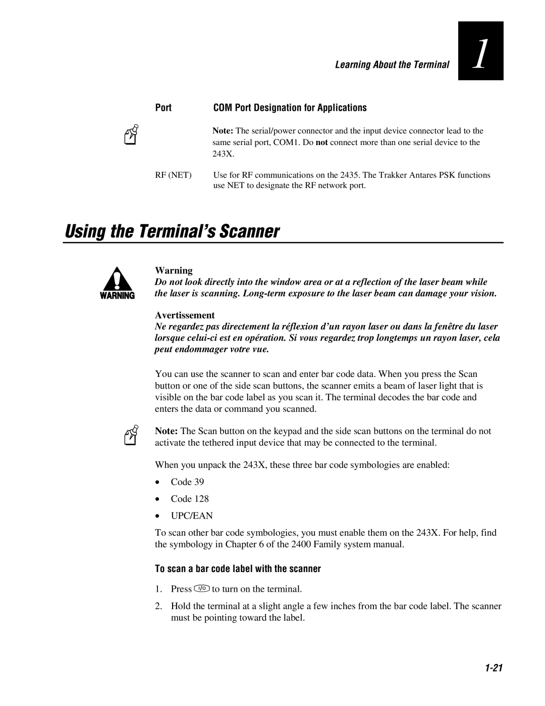 IBM 243X user manual Using the Terminal’s Scanner, To scan a bar code label with the scanner, 1-21, Port, Avertissement 