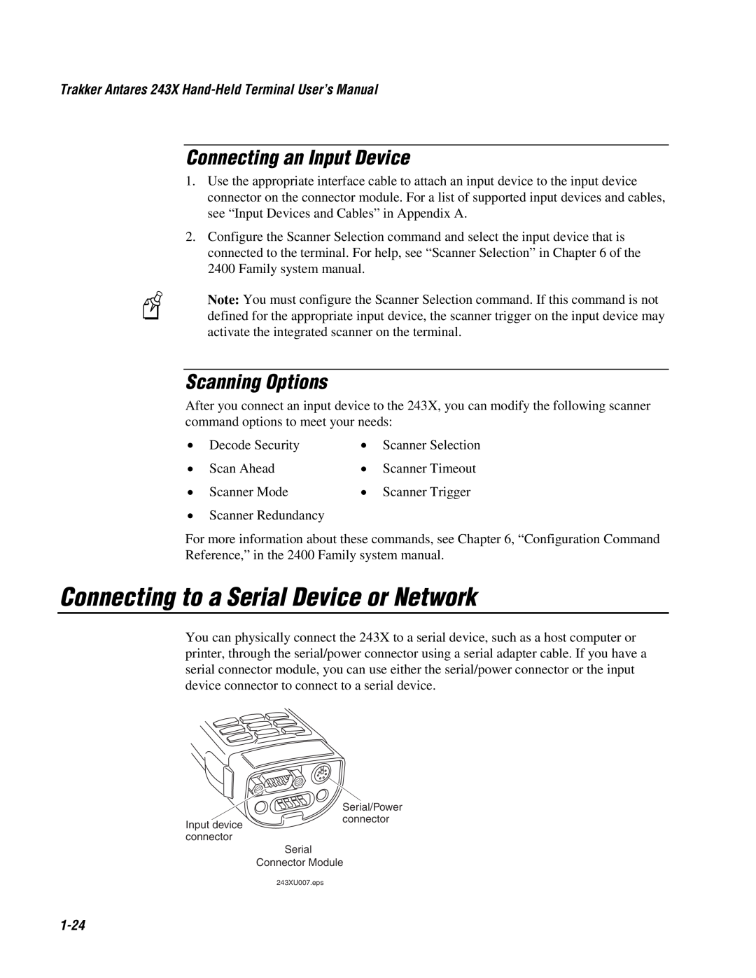 IBM 243X user manual Connecting to a Serial Device or Network, Connecting an Input Device, Scanning Options, 1-24 