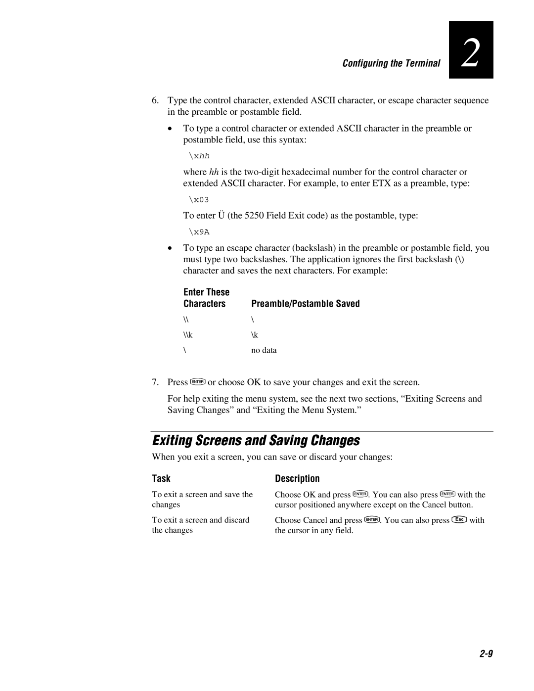 IBM 243X user manual Exiting Screens and Saving Changes, Characters, Task, Description 