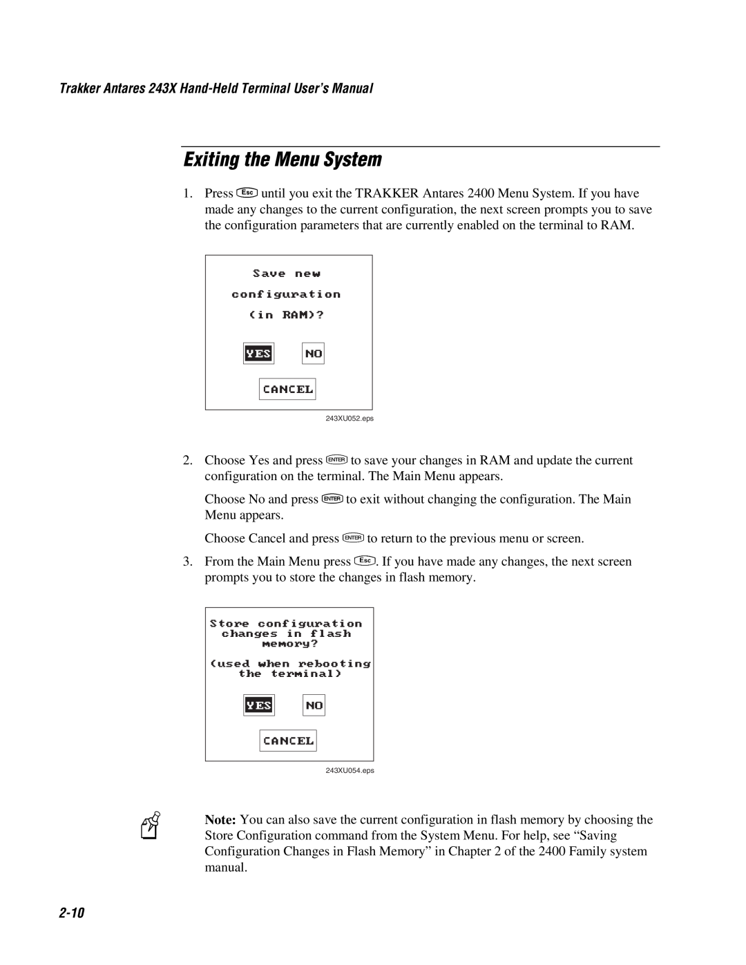 IBM user manual Exiting the Menu System, 2-10, Trakker Antares 243X Hand-Held Terminal User’s Manual 
