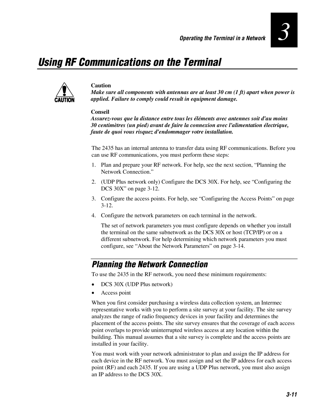 IBM 243X user manual Using RF Communications on the Terminal, Planning the Network Connection, 3-11, Conseil 