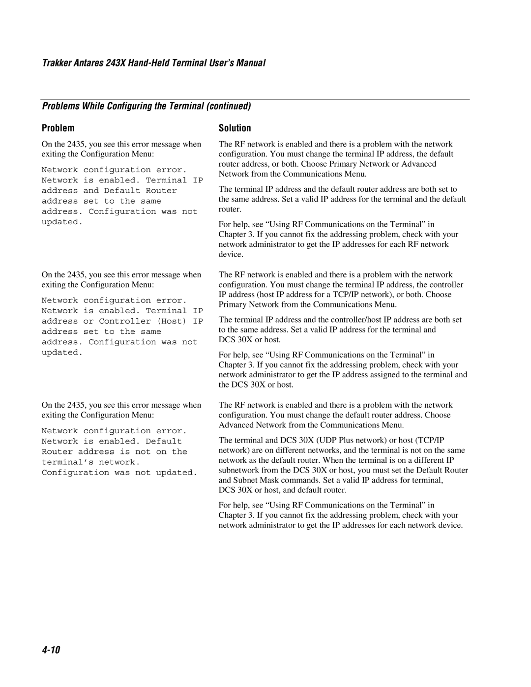 IBM 4-10, Trakker Antares 243X Hand-Held Terminal User’s Manual, Problems While Configuring the Terminal continued 