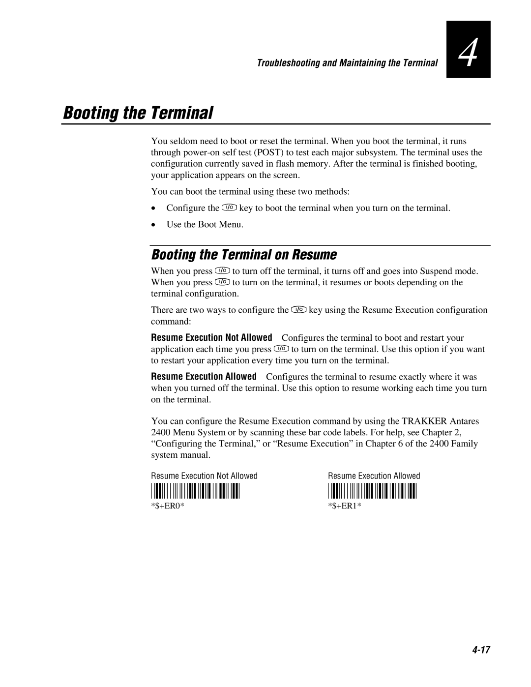 IBM 243X user manual $+ER0, $+ER1, Booting the Terminal on Resume, 4-17 