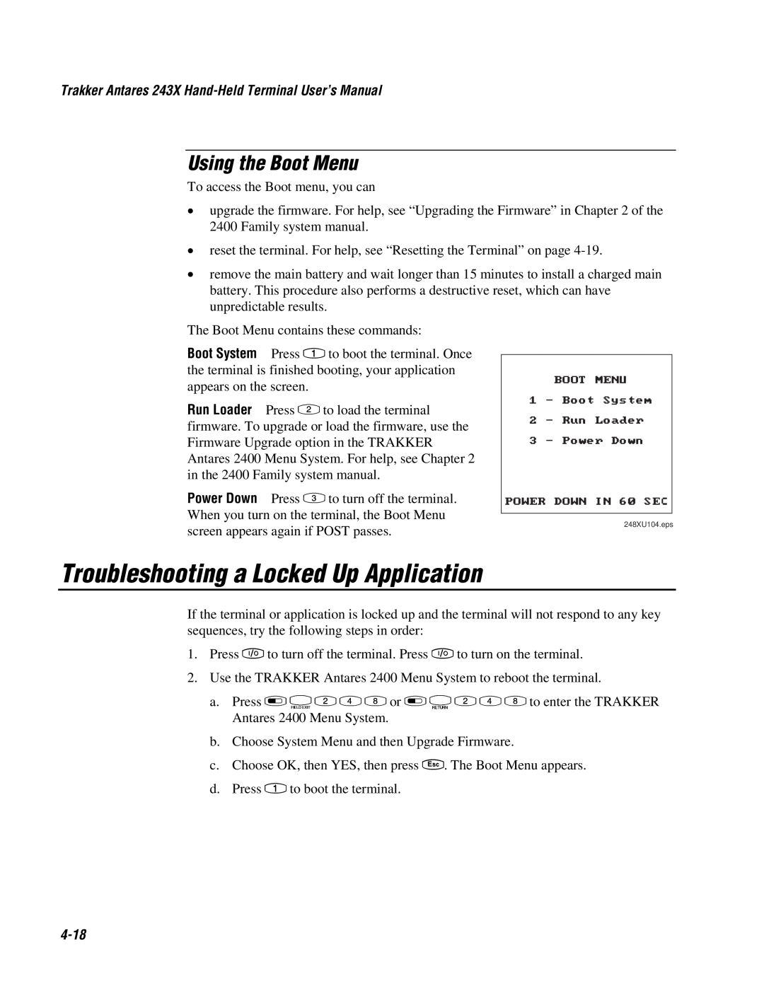 IBM 243X user manual Troubleshooting a Locked Up Application, Using the Boot Menu, 4-18 