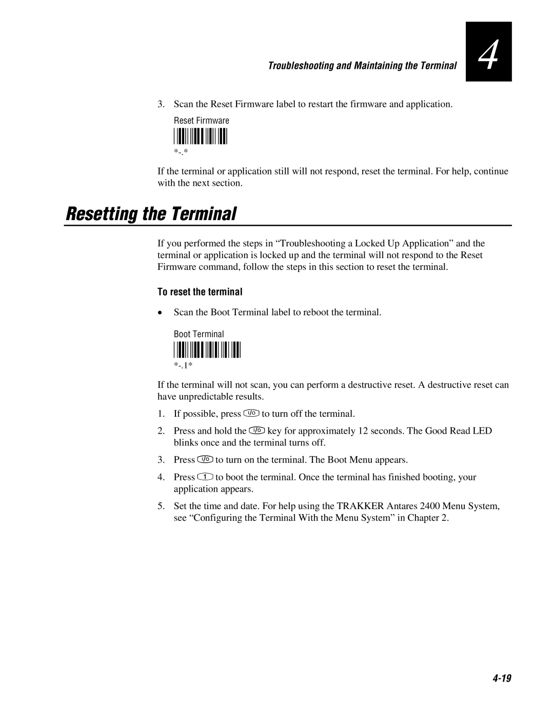 IBM 243X user manual Resetting the Terminal, To reset the terminal, 4-19 