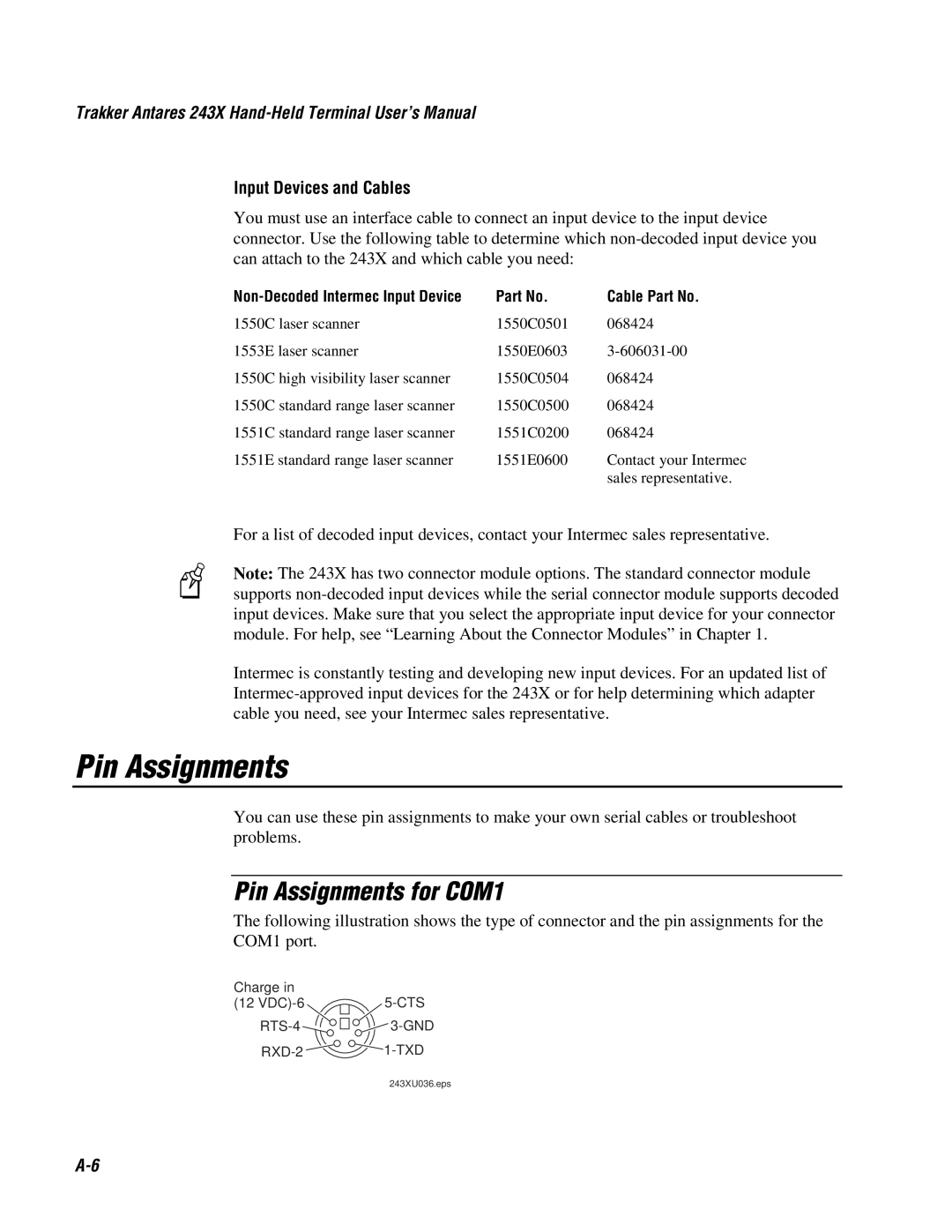 IBM Pin Assignments for COM1, Input Devices and Cables, Trakker Antares 243X Hand-Held Terminal User’s Manual 