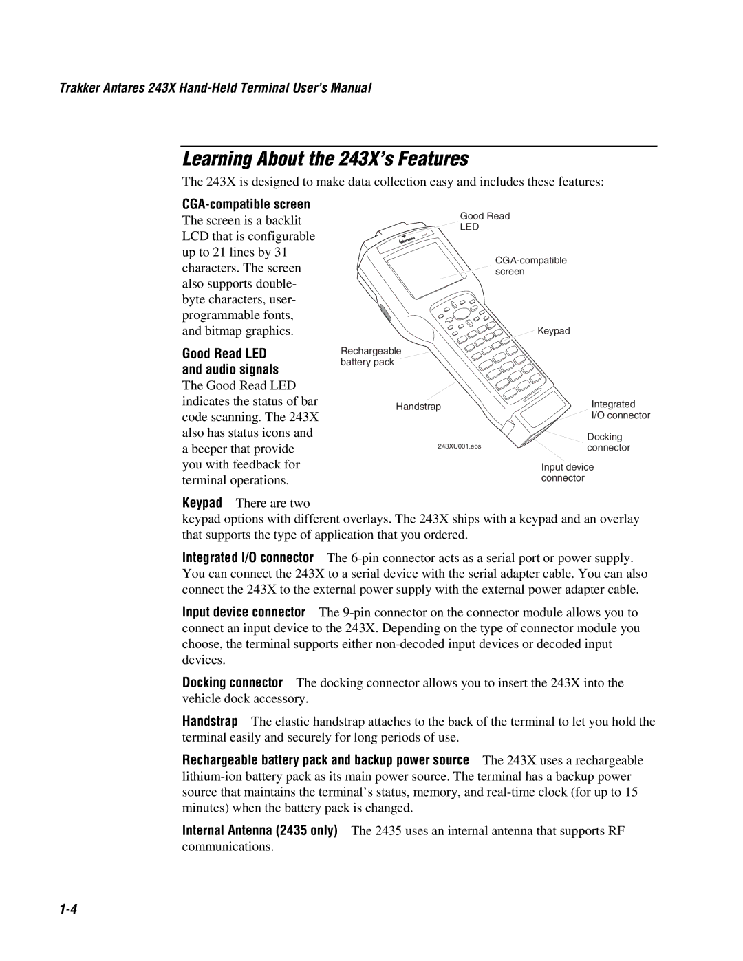 IBM user manual Learning About the 243X’s Features, CGA-compatible screen 