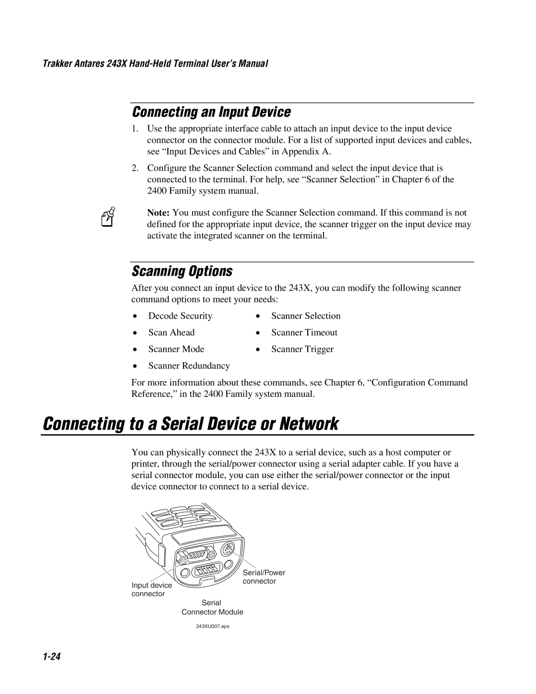 IBM 243X user manual Connecting to a Serial Device or Network, Connecting an Input Device, Scanning Options 