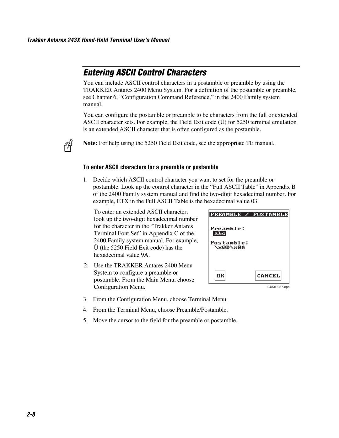 IBM 243X user manual Entering Ascii Control Characters, To enter Ascii characters for a preamble or postamble 