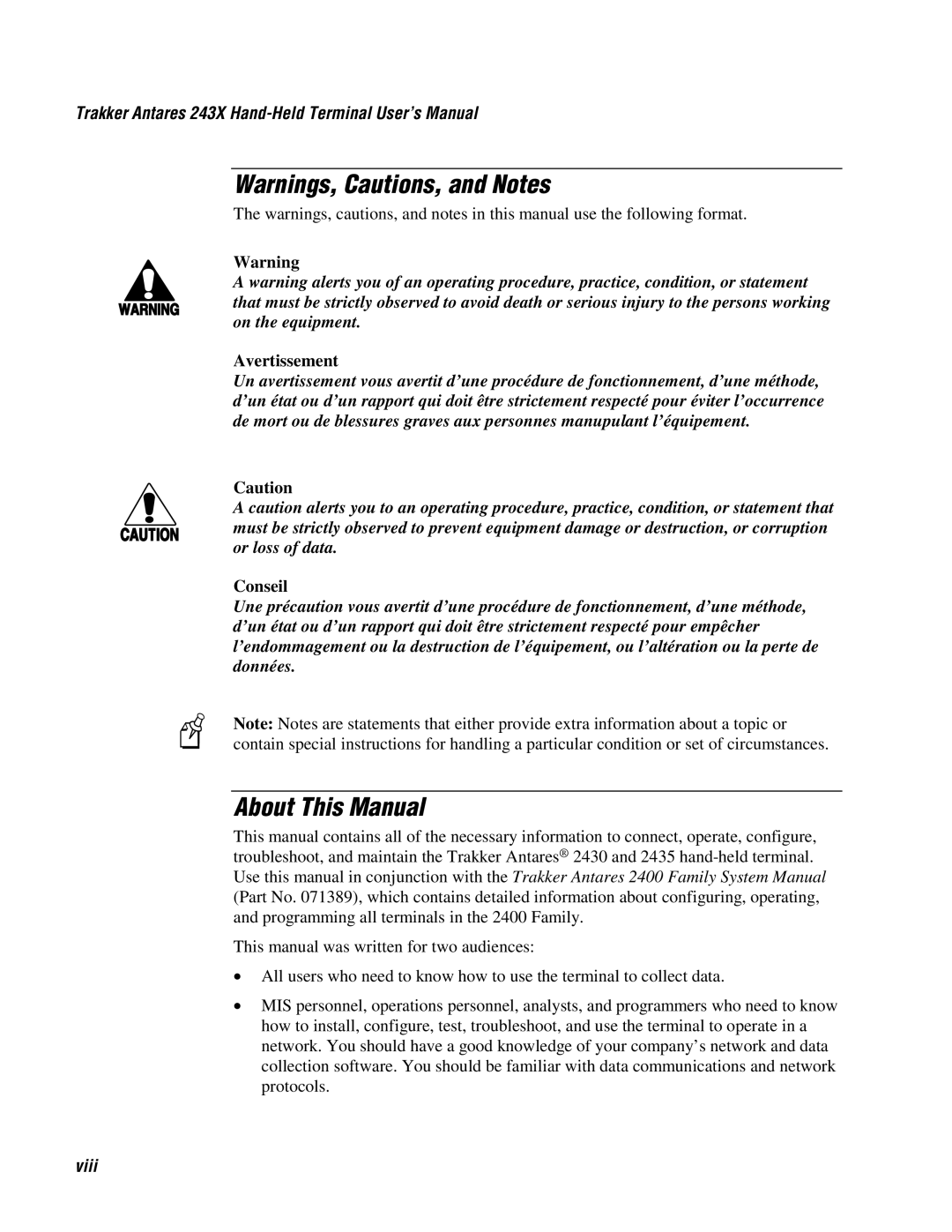 IBM user manual About This Manual, Trakker Antares 243X Hand-Held Terminal User’s Manual, Viii 