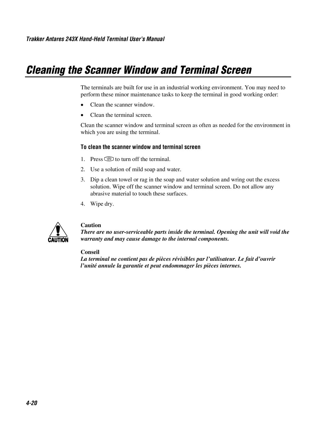 IBM 243X user manual Cleaning the Scanner Window and Terminal Screen, To clean the scanner window and terminal screen 