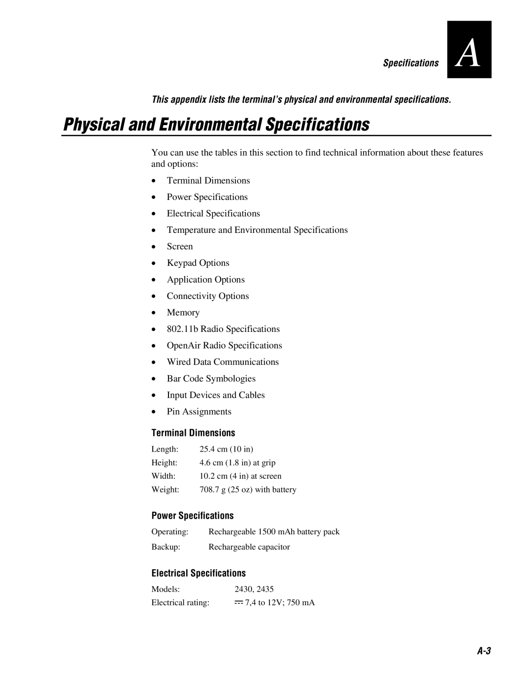 IBM 243X Physical and Environmental Specifications, Terminal Dimensions, Power Specifications, Electrical Specifications 