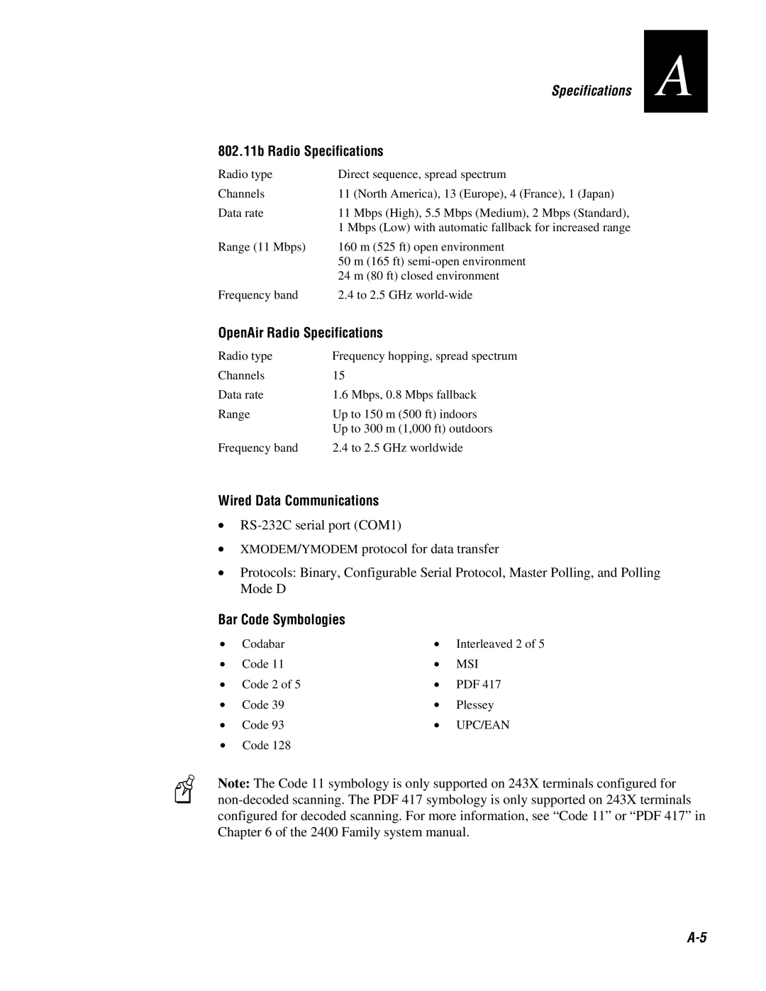 IBM 243X 802.11b Radio Specifications, OpenAir Radio Specifications, Wired Data Communications, Bar Code Symbologies 