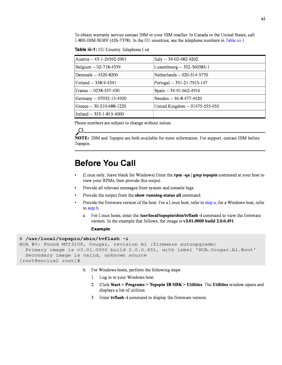 IBM 24R9718 IB manual Before You Call, # /usr/local/topspin/sbin/tvflash 
