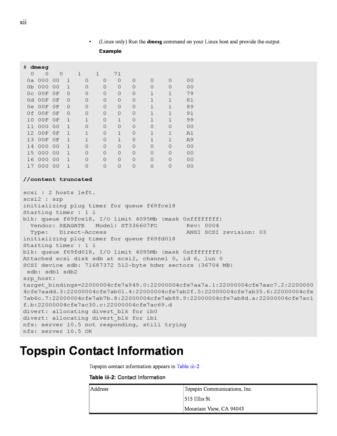 IBM 24R9718 IB manual Topspin Contact Information, # dmesg, content truncated 