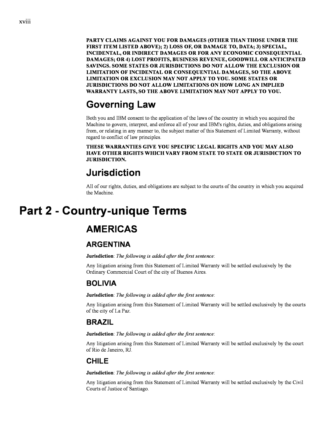 IBM 24R9718 IB Part 2 - Country-unique Terms, Governing Law, Jurisdiction, Americas, Argentina, Bolivia, Brazil, Chile 