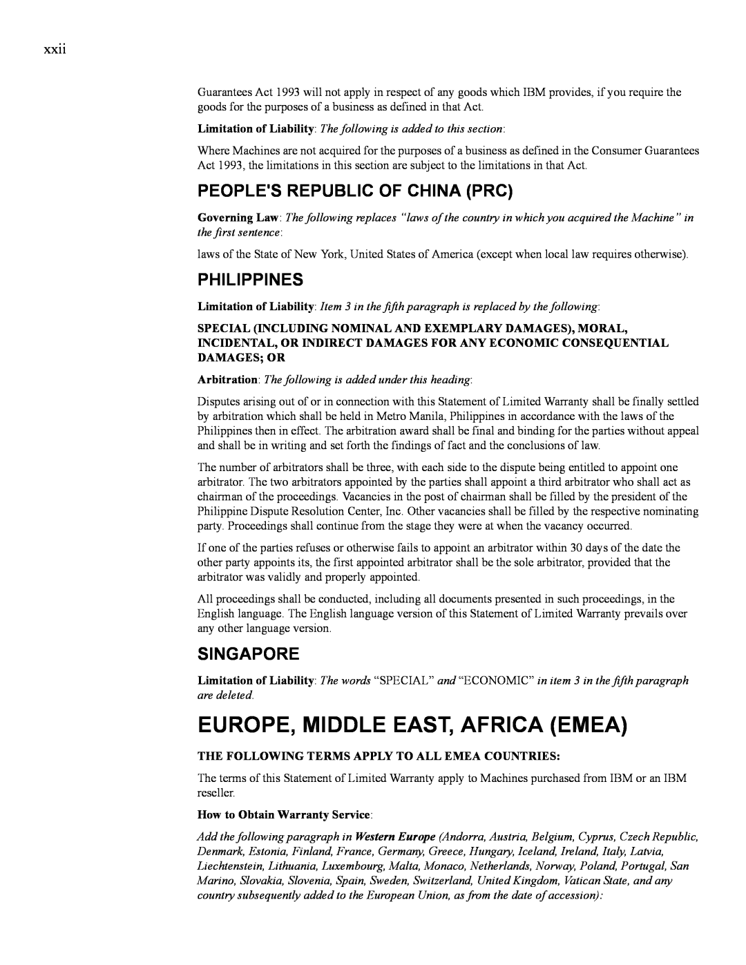 IBM 24R9718 IB manual Europe, Middle East, Africa Emea, Peoples Republic Of China Prc, Philippines, Singapore, Damages Or 