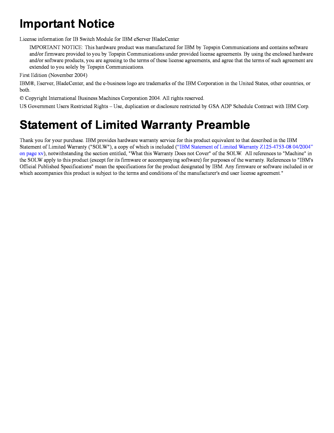 IBM 24R9718 IB manual Important Notice, Statement of Limited Warranty Preamble 