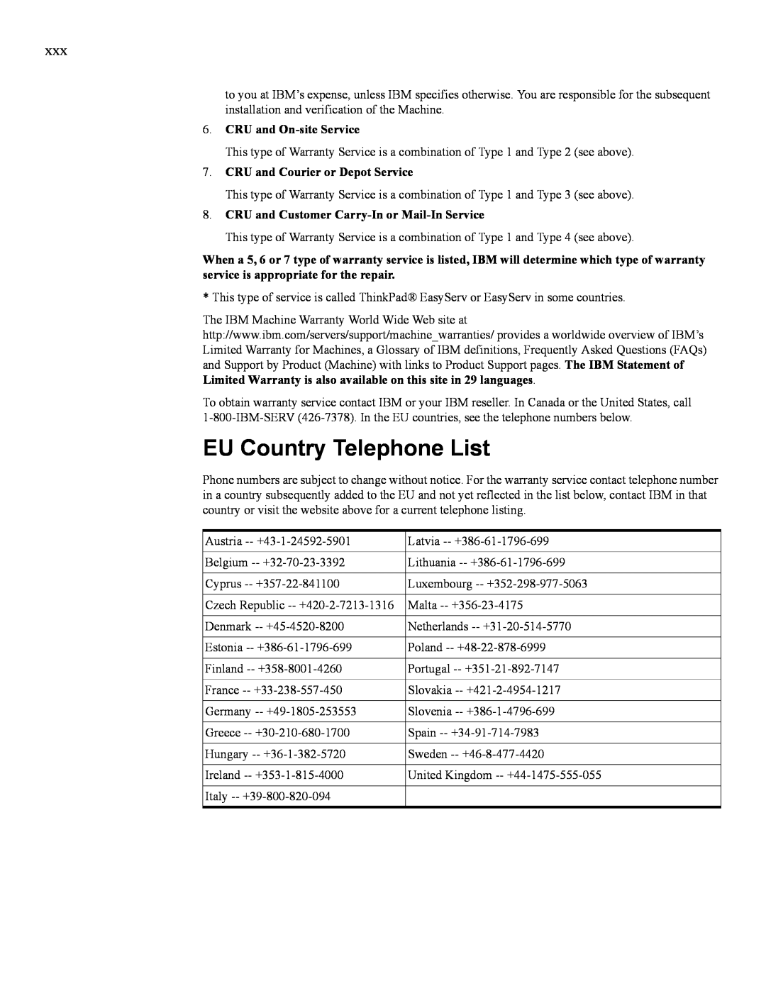 IBM 24R9718 IB manual EU Country Telephone List, CRU and On-site Service, CRU and Courier or Depot Service 